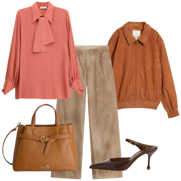 Outfit donna - Albicocca. Stile Chic per Tutti i giorni. Abbinamento con bomber, camicie, décolleté, pantaloni a palazzo, borse a mano.