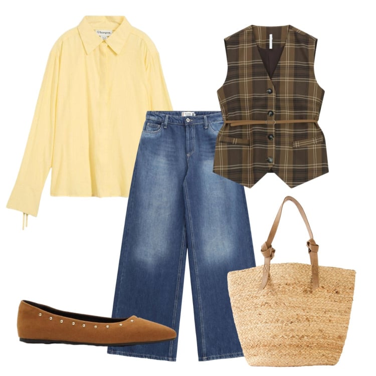 Outfit donna - French. Stile Bon Ton per Tutti i giorni. Abbinamento con ballerine, shopping bag, camicie, jeans, gilet.