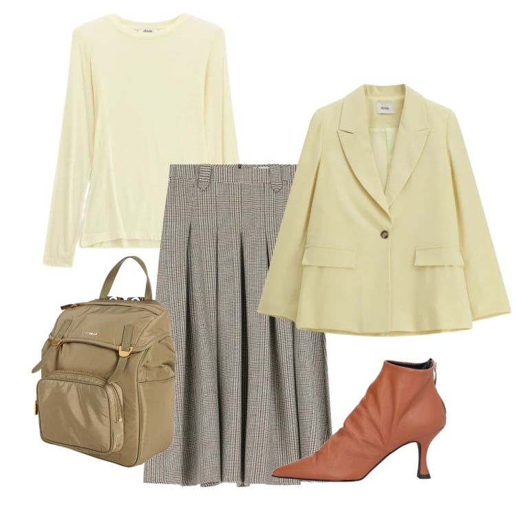 Outfit donna - Pieghe e tartan. Stile Bon Ton per Ufficio. Abbinamento con stivaletti, zaini, gonne lunghe, t-shirt, blazer.