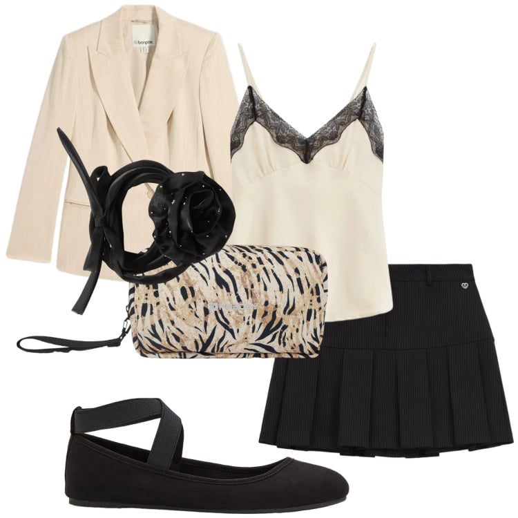 Outfit donna - Minerva. Stile Sexy per Serata fuori. Abbinamento con ballerine, blazer, collane, minigonne, top, valigie.