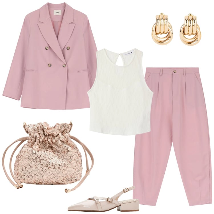 Outfit donna - Marzo = rosa @danipoetessa 73. Stile Casual chic per Cerimonia. Abbinamento con décolleté, orecchini, top, pochette, pantaloni, blazer.