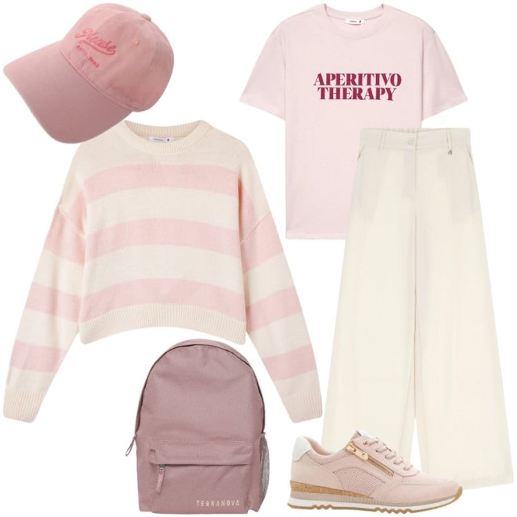 Outfit donna - Candy style. Stile Casual per Tutti i giorni. Abbinamento con sneakers, maglieria, t-shirt, zaini, cappelli, pantaloni a palazzo.