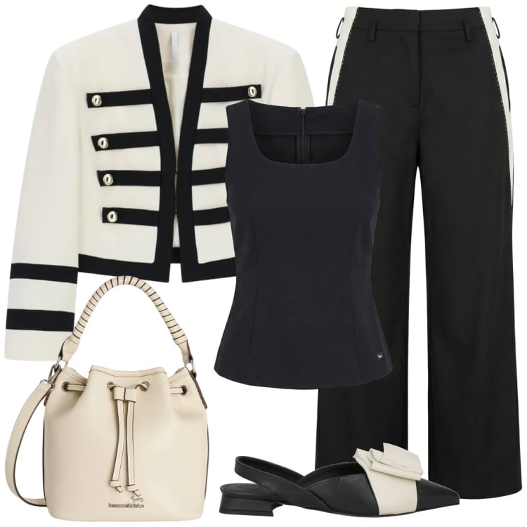 Outfit donna - Ballerine nere con fiocco bianco. Stile Casual chic per Ufficio. Abbinamento con ballerine, pantaloni, borse a secchiello, top, blazer.