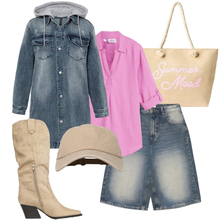 Outfit donna - Amici. Stile Casual per Tutti i giorni. Abbinamento con bluse, blazer, pantaloni corti, borse tote, stivali, cappelli con visiera.