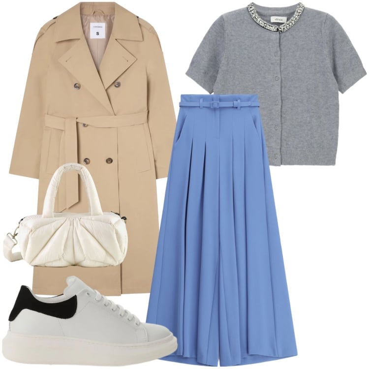 Outfit donna - Colazione con le amiche. Stile Casual chic per Tutti i giorni. Abbinamento con trench, pantaloni a palazzo, sneakers, borse a mano, cardigans.