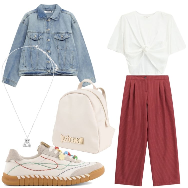 Outfit donna - Total look #2367716. Stile Casual per Tutti i giorni. Abbinamento con zaini, pantaloni a palazzo, blazer, t-shirt, ciondoli, sneakers.