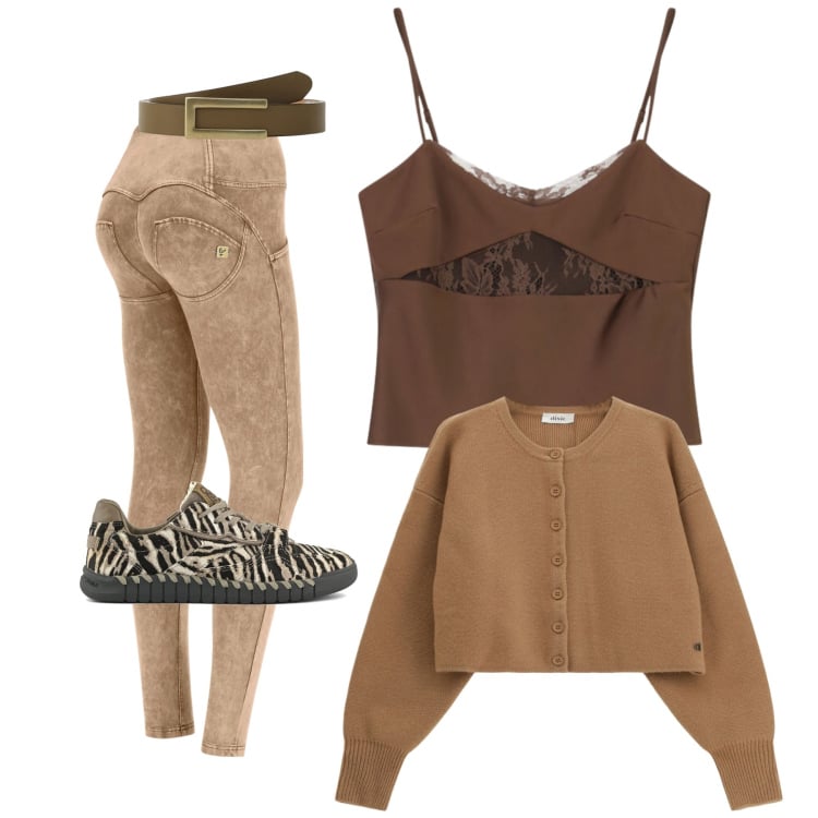 Outfit donna - Total look #2367718. Stile Casual per Tutti i giorni. Abbinamento con canottiere, cardigans, cinture, pantaloni skinny, sneakers.