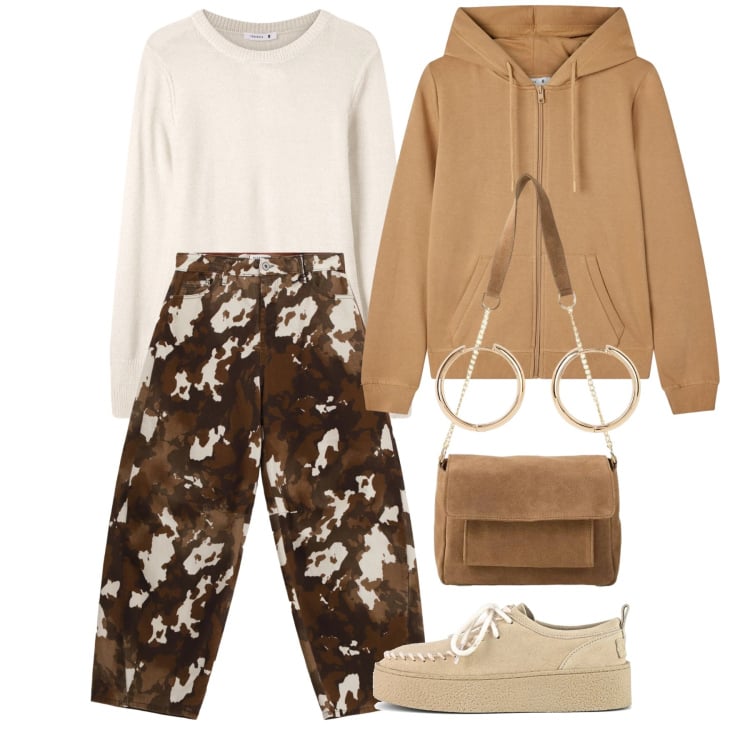 Outfit donna - Marzo. Stile Basic per Tutti i giorni. Abbinamento con orecchini, borse a tracolla, felpe con cappuccio, maglieria, pantaloni a palazzo, mocassini.