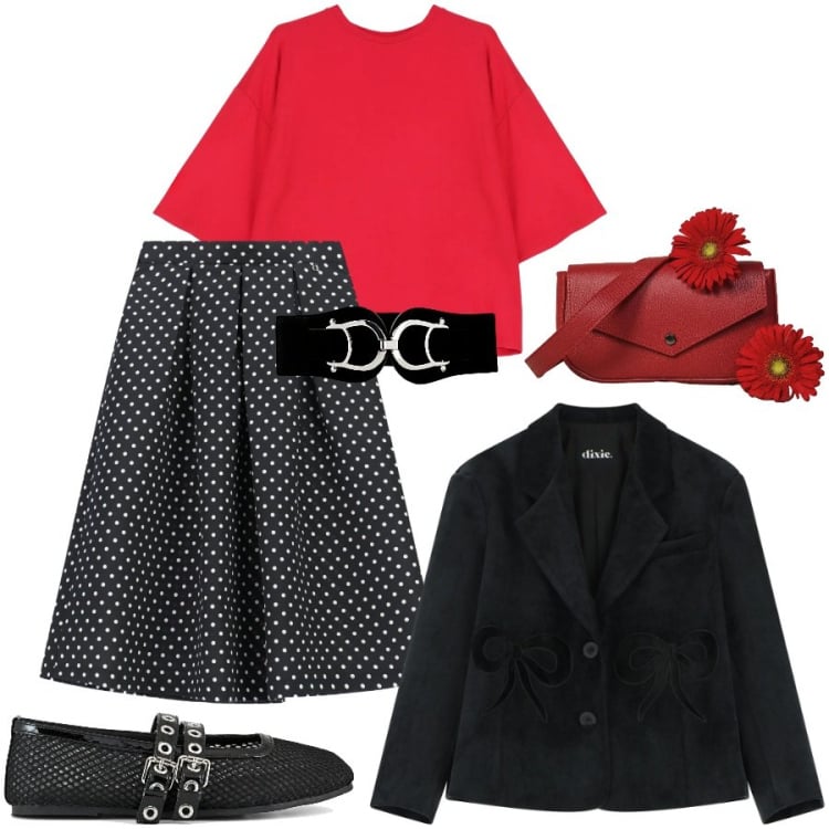 Outfit donna - Preppy bon ton. Stile Preppy per Tutti i giorni. Abbinamento con cinture, t-shirt, blazer, gonne longuette, borse a tracolla, ballerine.