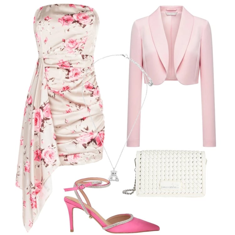 Outfit donna - Total look #2367730. Stile Glamour per Cerimonia. Abbinamento con décolleté, borse a tracolla, vestiti corti, bolero, ciondoli.