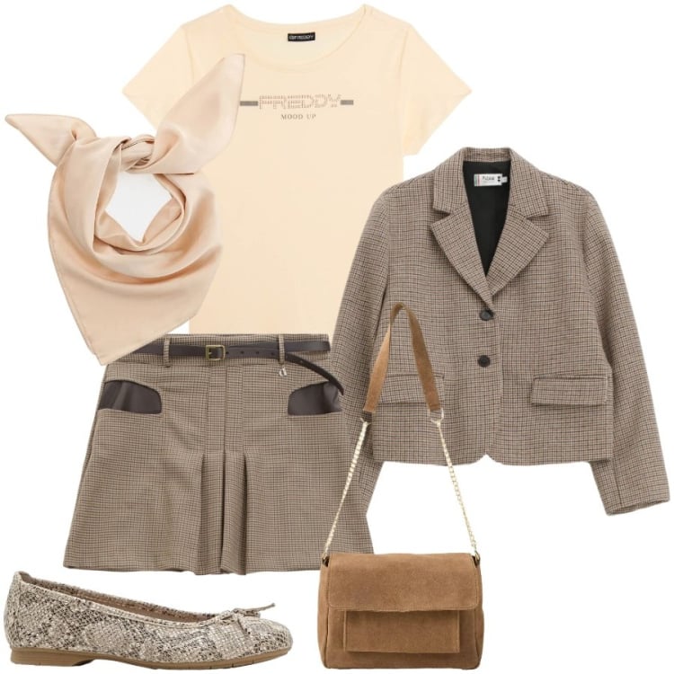 Outfit donna - Total look #2367733. Stile Chic per Serata fuori. Abbinamento con ballerine, borse a tracolla, foulard, blazer, minigonne, t-shirt.