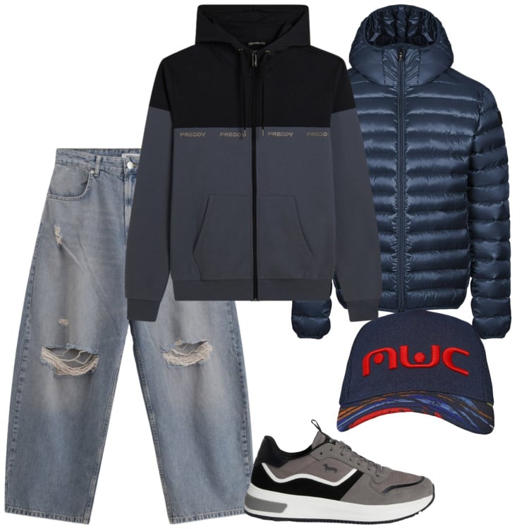 Outfit uomo - Urban. Stile Urban per Sport. Abbinamento con sneakers, jeans strappati, felpe con cappuccio, bomber, cappelli con visiera.