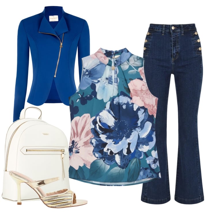Outfit donna - Un Look "Navy Chic" Moderno. Stile Glamour per Tutti i giorni. Abbinamento con zaini, top, jeans, blazer, sabot.