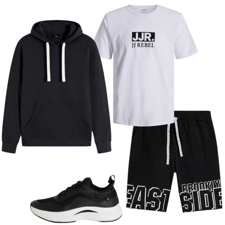 Outfit uomo - Nero su bianco. Stile Casual per Sport. Abbinamento con felpe con cappuccio, bermuda, t-shirt, sneakers.