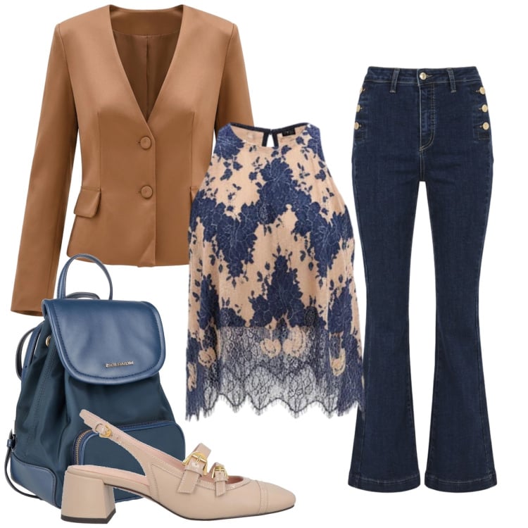 Outfit donna - Electric Bloom. Stile Glamour per Tutti i giorni. Abbinamento con zaini, décolleté, top, jeans a zampa, blazer.
