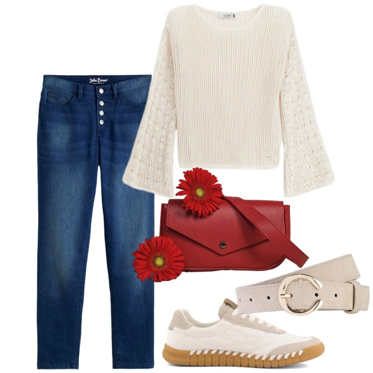 Outfit donna - Total look #2367743. Stile Basic per Tutti i giorni. Abbinamento con jeans boyfriend, cinture, maglieria, borse a tracolla, sneakers.