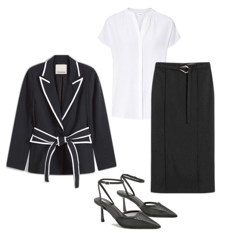 Outfit femme - Blazer contrasté. Style Chic pour Tous les jours. Assortir avec jupes au genou, blazers, chemises à manches courtes, chaussures à talon.