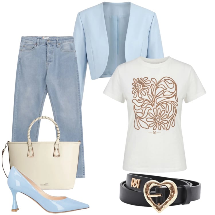 Outfit donna - Casual Chic con un Tocco di Cuore. Stile Casual chic per Tutti i giorni. Abbinamento con décolleté, shopping bag, jeans, t-shirt, cinture, bolero.