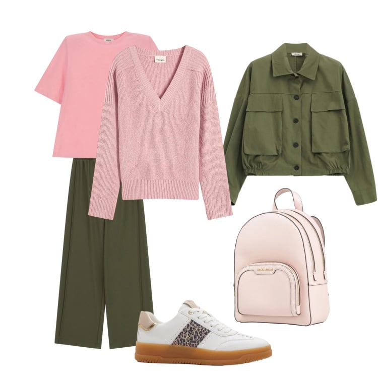 Outfit donna - Rosa e bosco. Stile Basic per Tutti i giorni. Abbinamento con zaini, maglieria, sneakers, pantaloni a palazzo, cappotti, t-shirt.