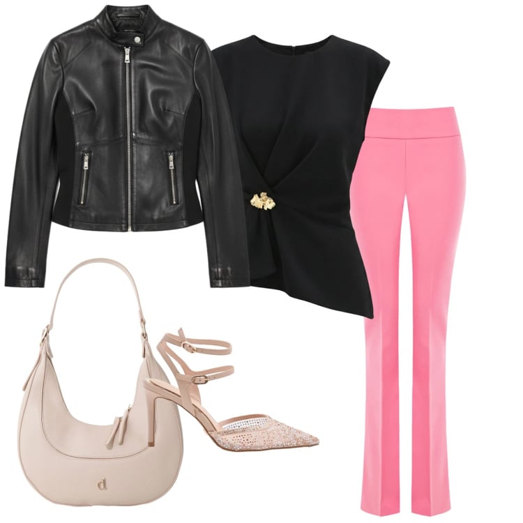 Outfit donna - Rock-Chic Pink. Stile Glamour per Tutti i giorni. Abbinamento con décolleté, giacche, pantaloni, top, borse a tracolla.