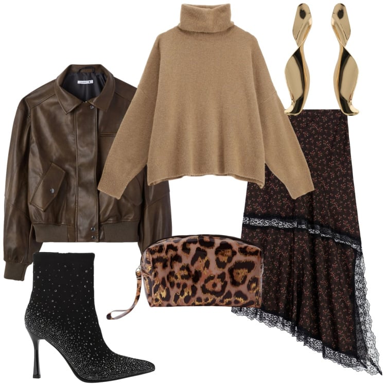 Outfit donna - La gonna asimmetrica. Stile Trendy per Serata fuori. Abbinamento con giacche, pochette, gonne lunghe, maglieria, stivaletti, orecchini.