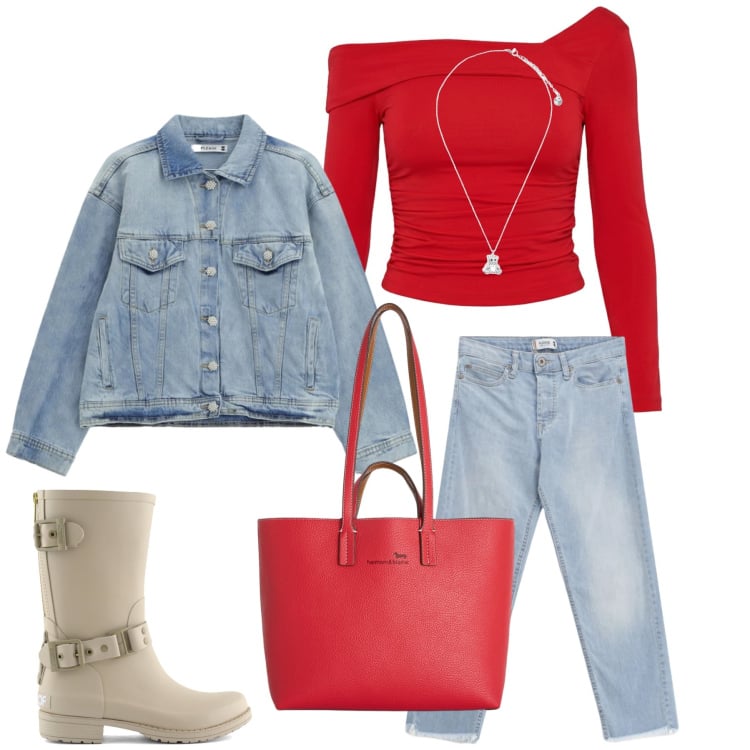 Outfit donna - Red Passion & Denim. Stile Casual chic per Tutti i giorni. Abbinamento con shopping bag, jeans, blazer, t-shirt, ciondoli, stivali.
