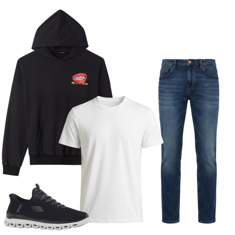 Outfit uomo - Urban Graphic. Stile Urban per Tutti i giorni. Abbinamento con sneakers, felpe con cappuccio, jeans, t-shirt.