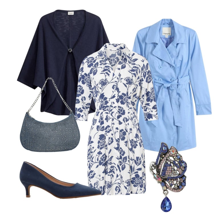 Outfit donna - Blue Porcelain -armocromia estate fredda. Stile Chic per Ufficio. Abbinamento con vestiti, cardigans, trench, décolleté, borse a tracolla, ciondoli.