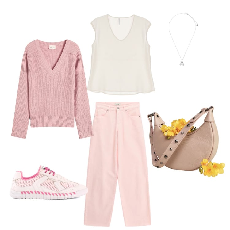 Outfit donna - Rosa casual. Stile Casual per Tutti i giorni. Abbinamento con maglieria, canottiere, jeans, borse a spalla, ciondoli, sneakers.