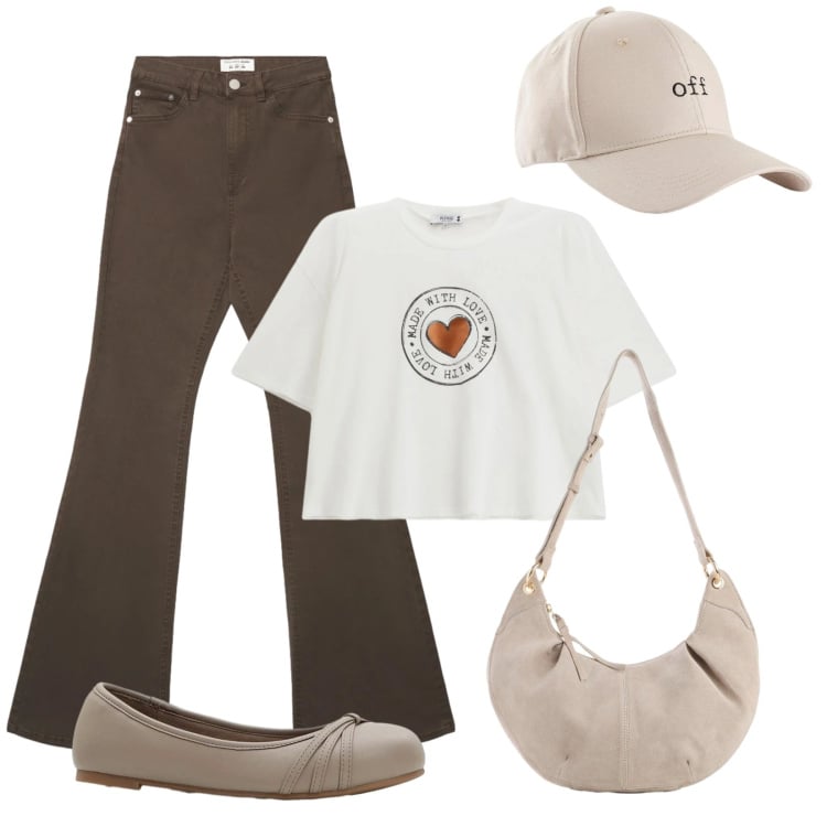 Outfit donna - Tortora ballerina. Stile Casual per Scuola/Università. Abbinamento con borse a tracolla, cappelli con visiera, ballerine, jeans a zampa, t-shirt.