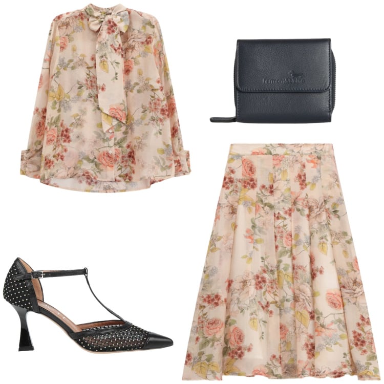 Outfit donna - Il completo a fantasia floreale. Stile Bon Ton per Cerimonia. Abbinamento con décolleté, portafogli, camicie, gonne lunghe.