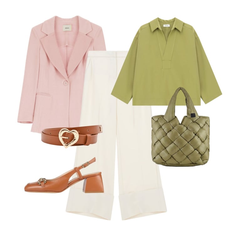 Outfit donna - Urban Matcha. Stile Casual chic per Tutti i giorni. Abbinamento con décolleté, cinture, pantaloni a palazzo, borse tote, blazer, camicie.