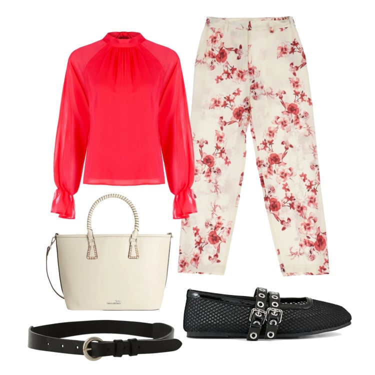 Outfit donna - Strong spring. Stile Casual chic per Ufficio. look ideale per Petite. Abbinamento con shopping bag, pantaloni, bluse, cinture, ballerine.