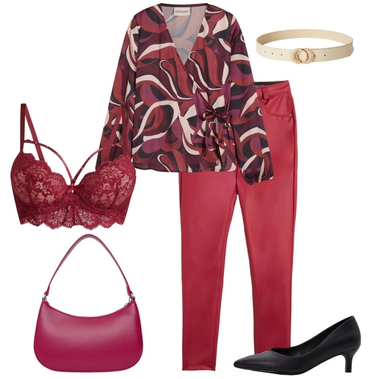 Outfit donna - Amarena. Stile Glamour per Serata fuori. Abbinamento con décolleté, camicie, reggiseni, cinture, borse a tracolla, pantaloni skinny.