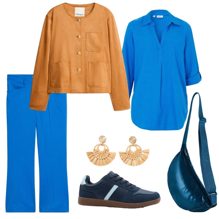 Outfit donna - Blu Alternativo. Stile Casual per Tutti i giorni. Abbinamento con bluse, pantaloni, blazer, orecchini, sneakers, borse a tracolla.