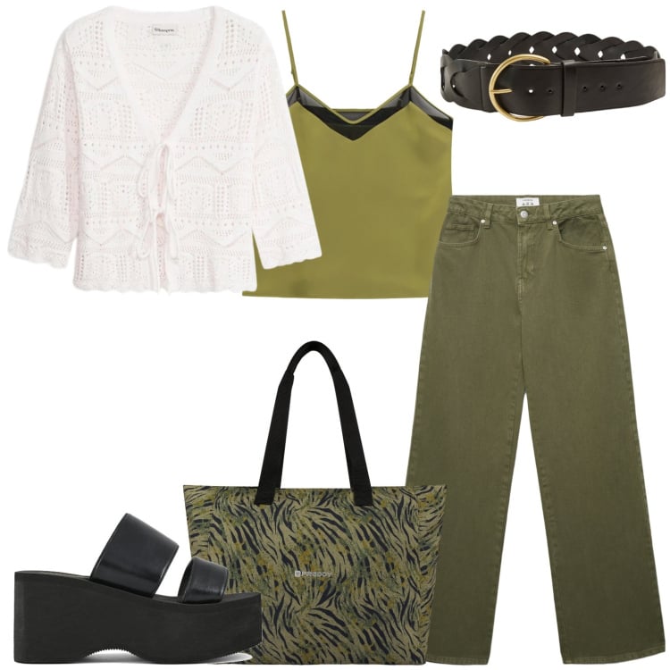 Outfit donna - Total look. Stile Casual per Tutti i giorni. Abbinamento con cardigans, jeans, cinture, top, shopping bag, zeppe.