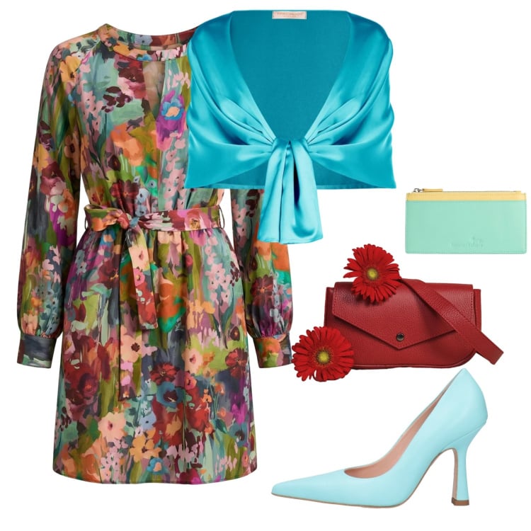 Outfit donna - Come un Dipinto. Stile Romantica per Cerimonia. Abbinamento con décolleté, vestiti corti, portafogli, stole, borse a tracolla.