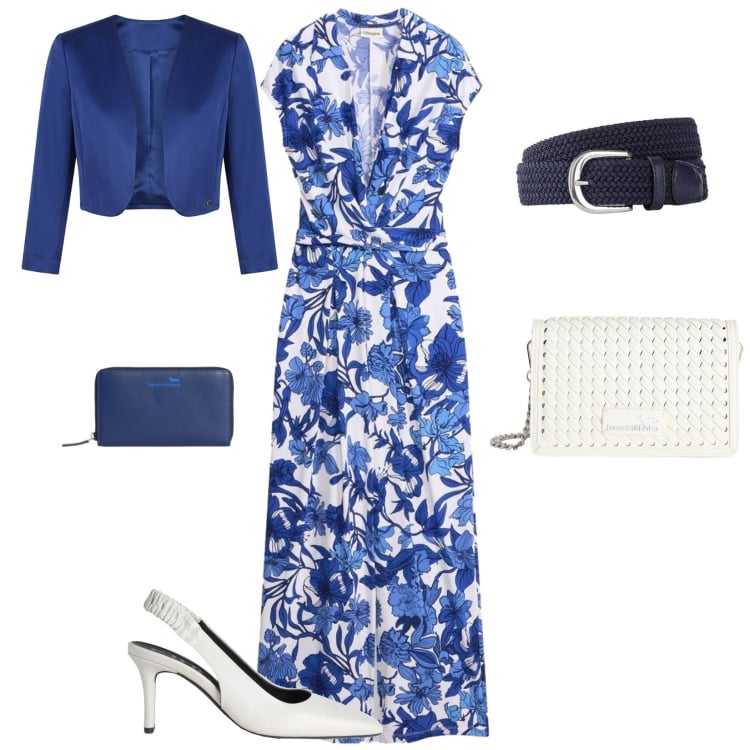 Outfit donna - Blue spring. Stile Bon Ton per Cerimonia. Abbinamento con décolleté, cinture, tute, borse a tracolla, portafogli, bolero.
