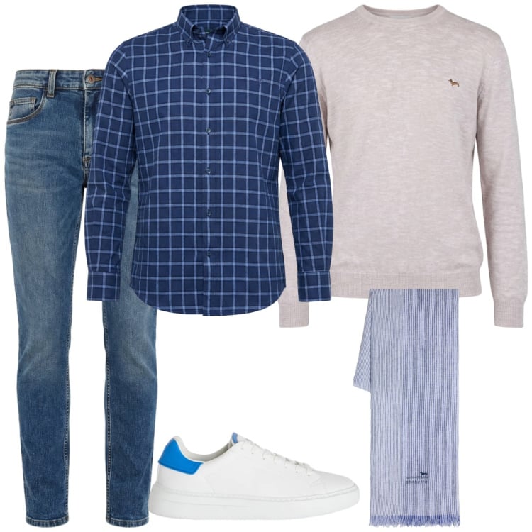 Outfit uomo - Total look #2367807. Stile Casual per Tutti i giorni. Abbinamento con sneakers, sciarpe, pullovers, jeans slim fit, camicie.
