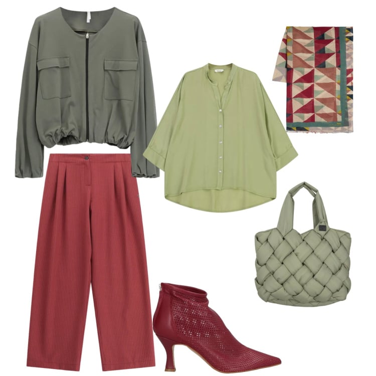 Outfit donna - Dinner\' s club. per Serata fuori. Abbinamento con stivaletti, sciarpe, pantaloni a palazzo, bomber, borse tote, camicie.