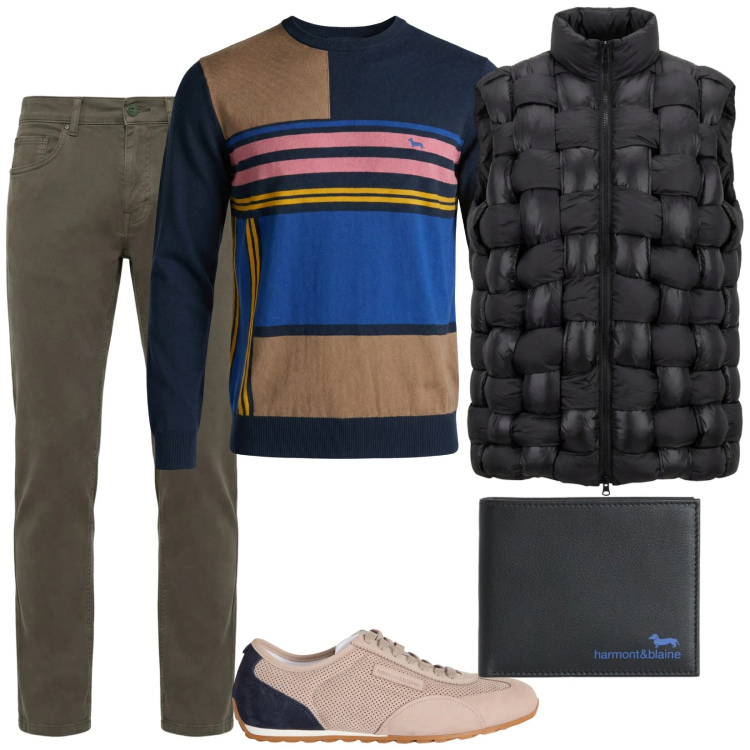 Outfit uomo - Total look #2367810. Stile Casual per Tutti i giorni. Abbinamento con sneakers, portafogli, pantaloni, pullovers, gilet.