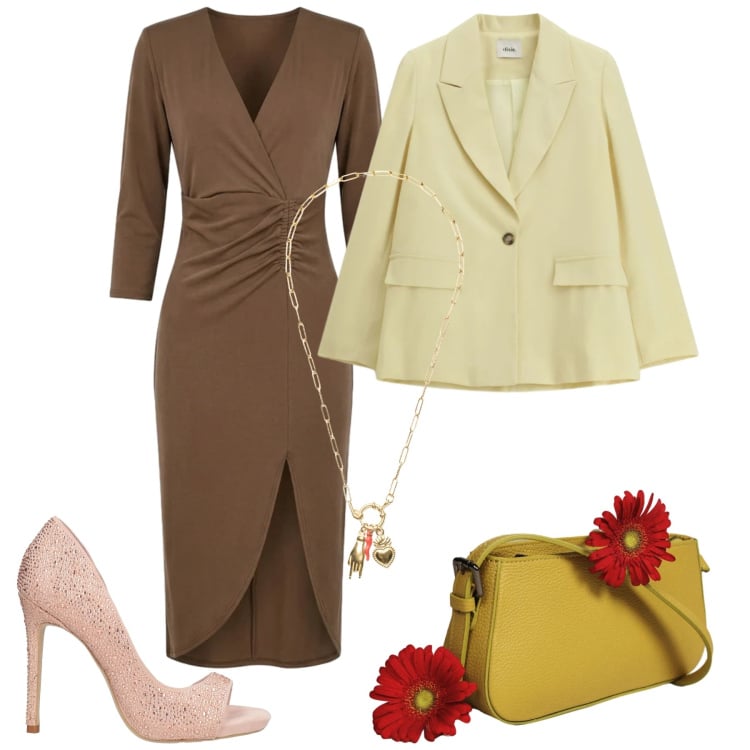 Outfit donna - Terra e sole in primavera. Stile Chic per Tutti i giorni. Abbinamento con décolleté, vestiti asimmetrici, blazer, borse a spalla, ciondoli.