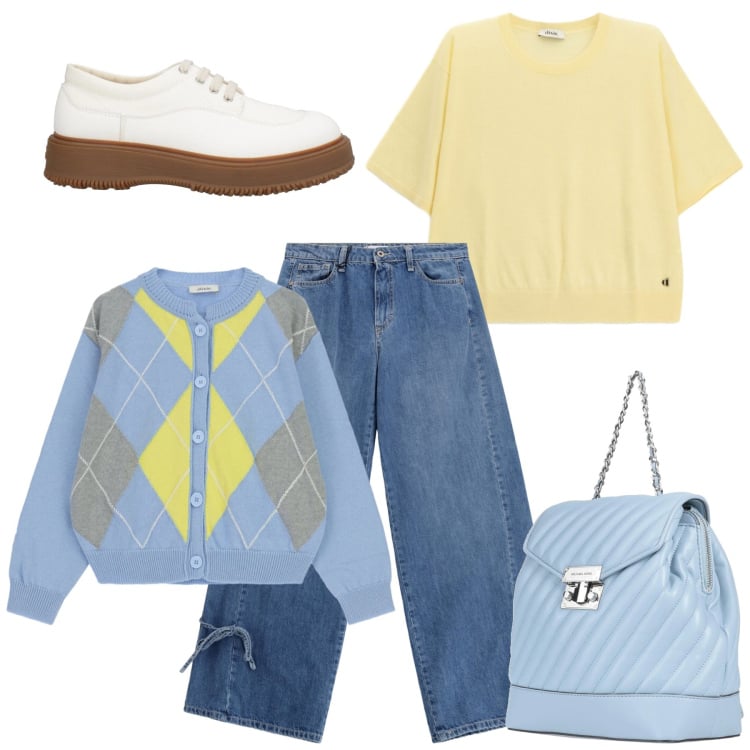 Outfit donna - Look da weekend primaverile. Stile Casual per Tutti i giorni. Abbinamento con zaini, scarpe stringate, jeans, t-shirt, cardigans.