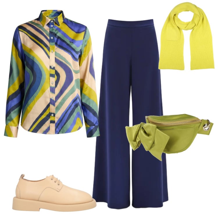 Outfit donna - Anni 80 re-style. Stile Casual chic per Tutti i giorni. Abbinamento con marsupi, sciarpe, scarpe stringate, camicie, pantaloni a palazzo.