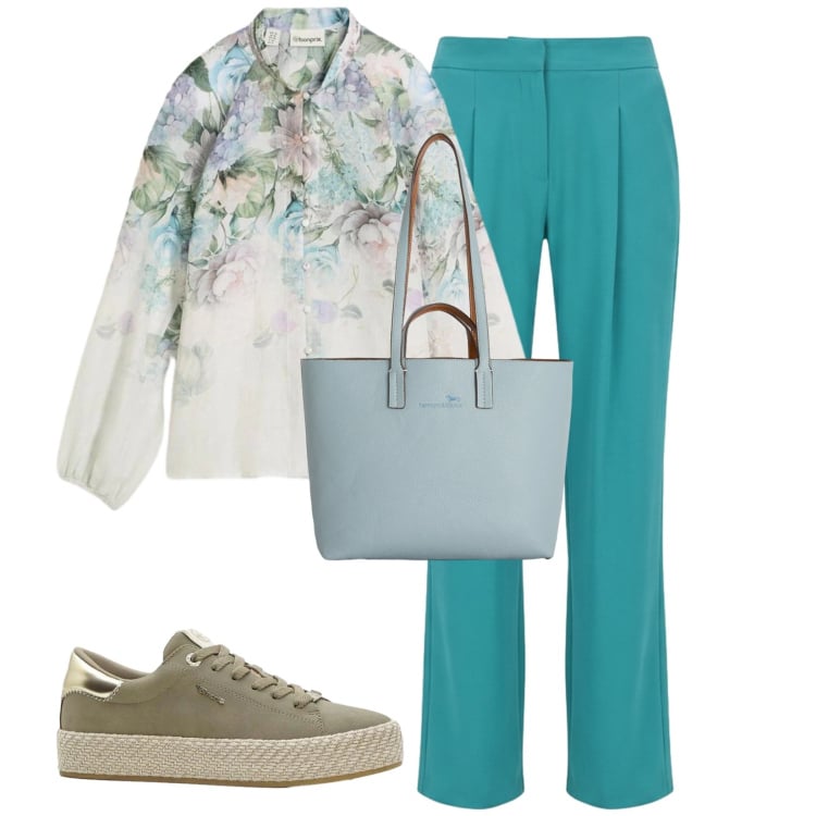 Outfit donna - Pastel look. Stile Casual chic per Cerimonia. Abbinamento con bluse, sneakers, shopping bag, pantaloni.