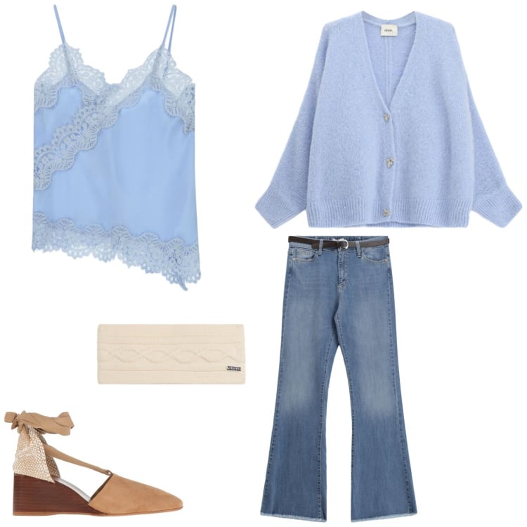 Outfit donna - Sfumature di celeste. Stile 70s per Tutti i giorni. Abbinamento con décolleté, jeans, cardigans, top, accessori per capelli.