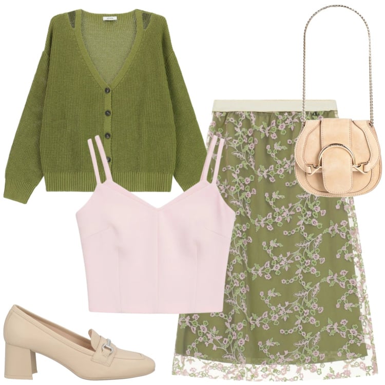 Outfit donna - Primavera 2026. Stile Romantica per Cerimonia. Abbinamento con marsupi, mocassini, top, cardigans, gonne longuette.