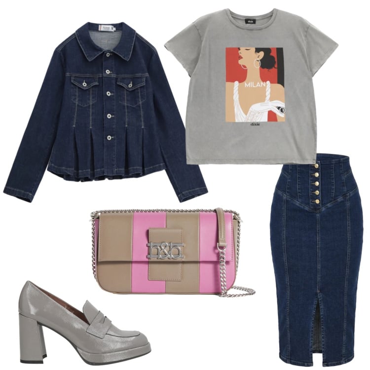 Outfit donna - Trendy di primavera. Stile Trendy per Tutti i giorni. Abbinamento con mocassini, borse a spalla, blazer, gonne longuette, t-shirt.