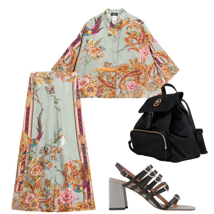 Outfit donna - Il completo con stampe floreali. Stile Glamour per Cerimonia. Abbinamento con zaini, sandali in pelle, pantaloni a palazzo, camicie.