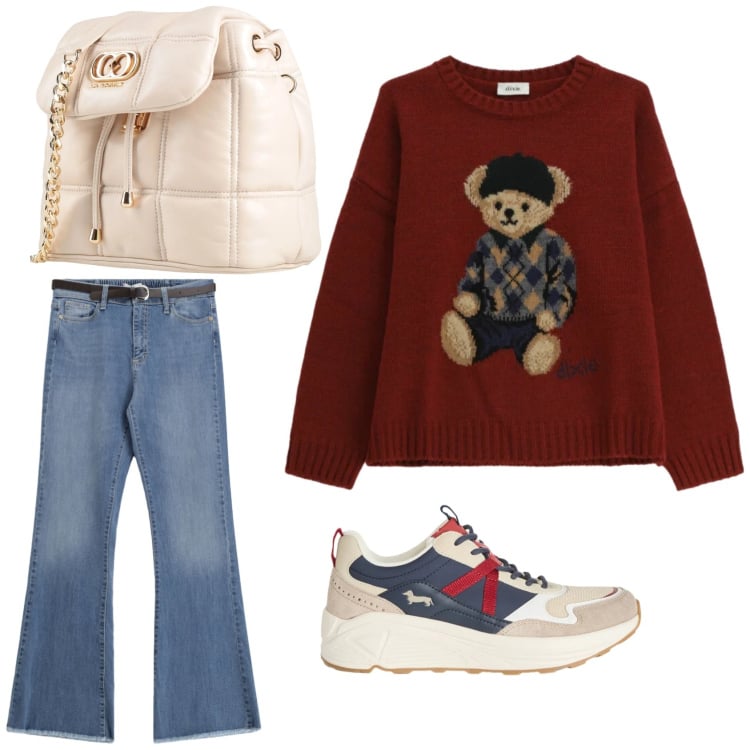 Outfit donna - Il pullover e il tenero orsetto. Stile Casual per Tutti i giorni. Abbinamento con valigie, sneakers, jeans, maglieria.